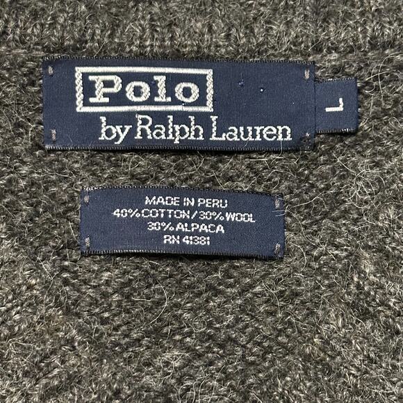 Polo Ralph Lauren Sweater Sz L Gray Cotton Wool Alpaca V Neck Suede Patches Y2K - Picture 4 of 8